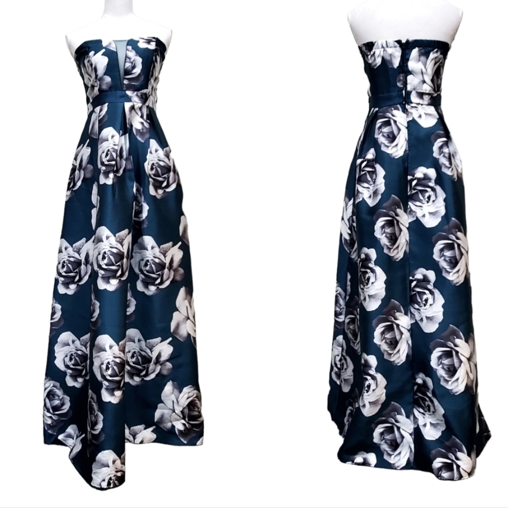 Speechless Green White Roses Long  Strapless Dress Deep Pockets Size 7